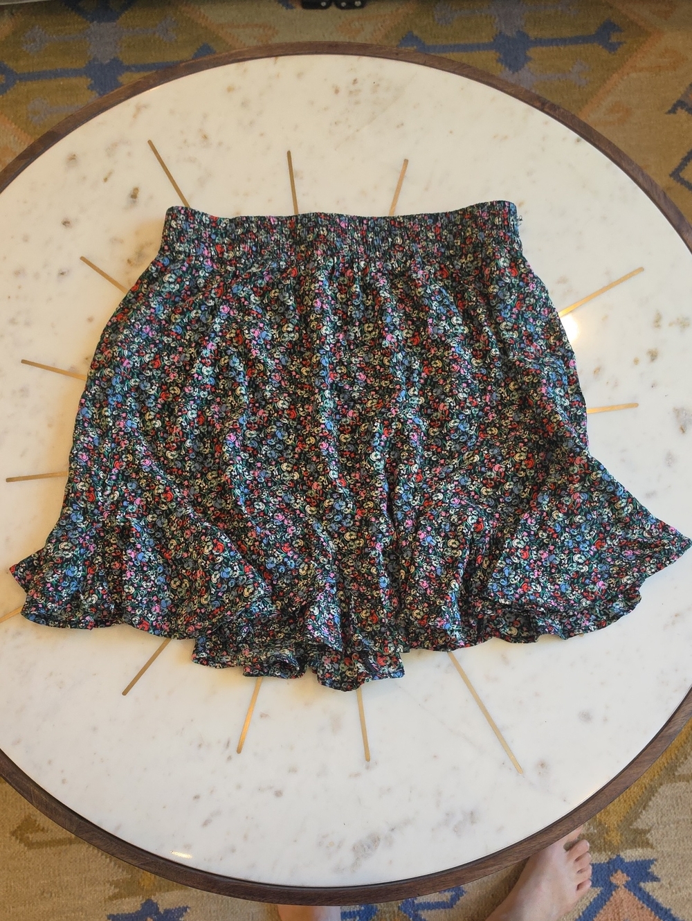 LOFT Black Floral Circle Skirt with Ruffle Hem